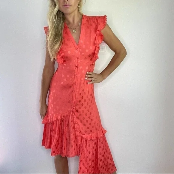 Three Floor Euphoric Coral Red Polka Dot Dress